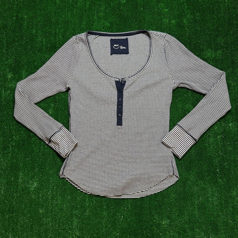 Aerie Henley Top Striped Metallic Long Sleeve Navy White Size M